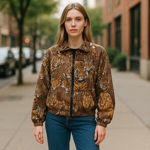 Vintage The Shell Game Animal Print Bomber Jacket Womens Size M Oversized Unisex